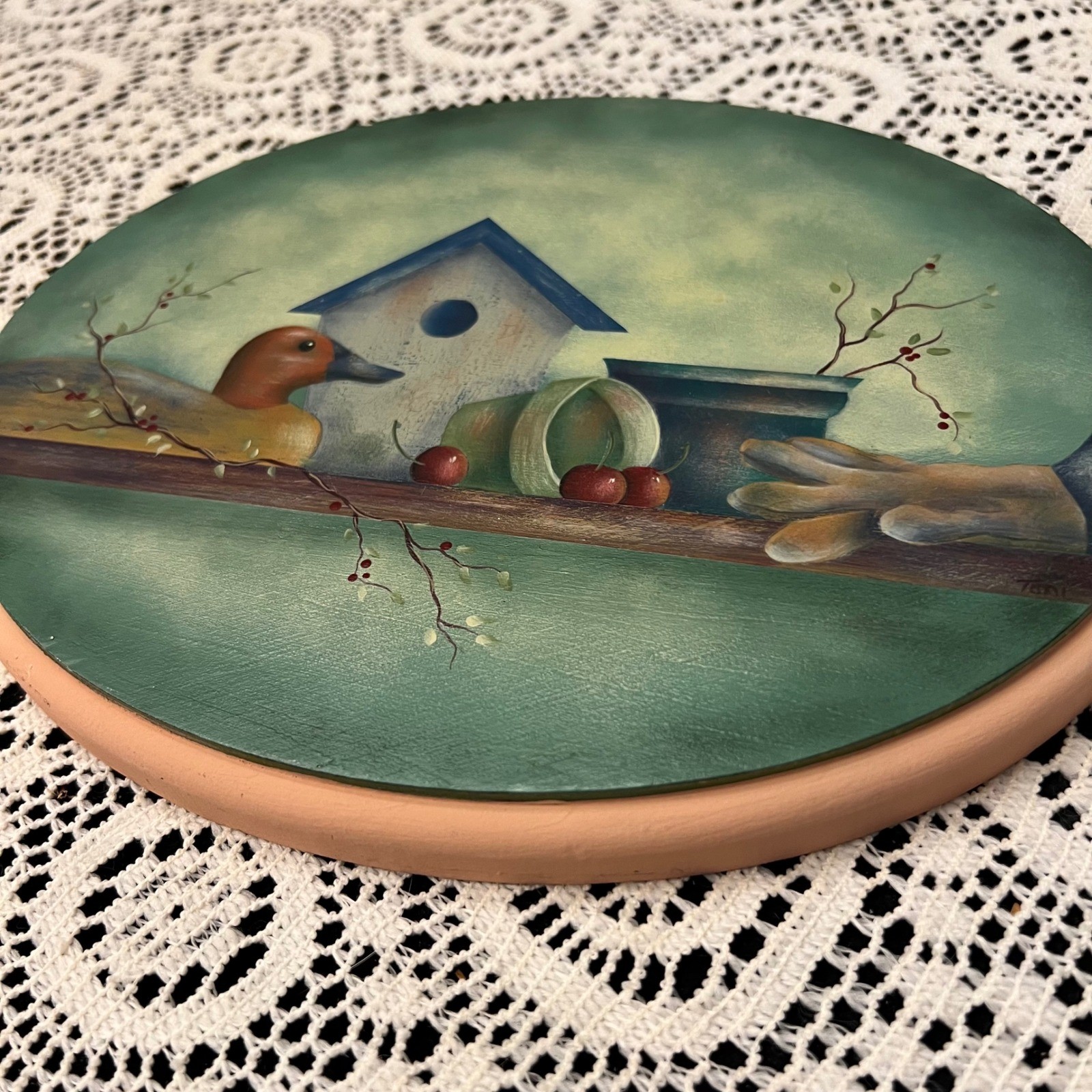 Vintage Oval Hand Painted Plaque | Duck Birdhouse Garden | Cottage