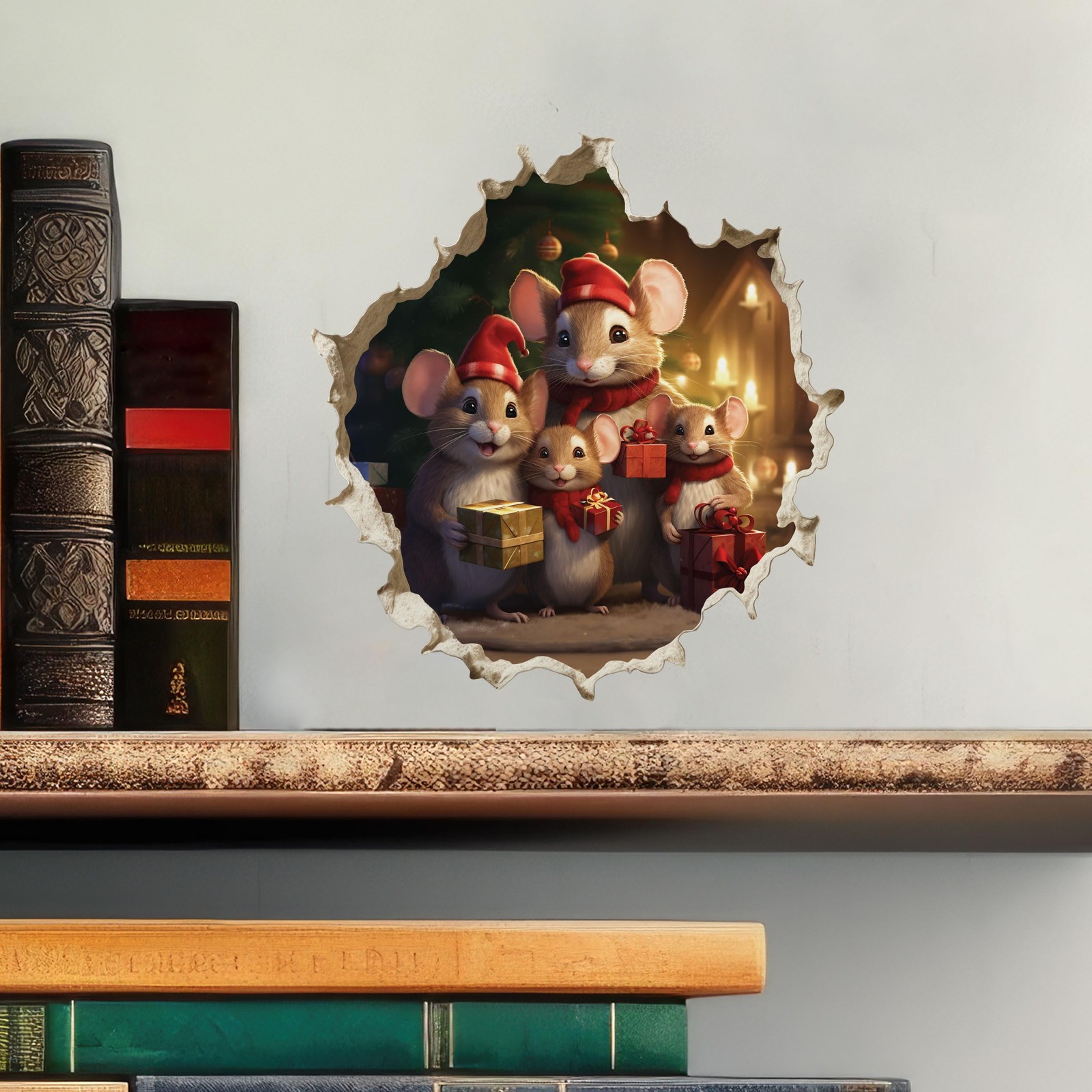 My Wonderful Walls Christmas Family Mouse Hole Decal 3D Effect 5×5 Multi