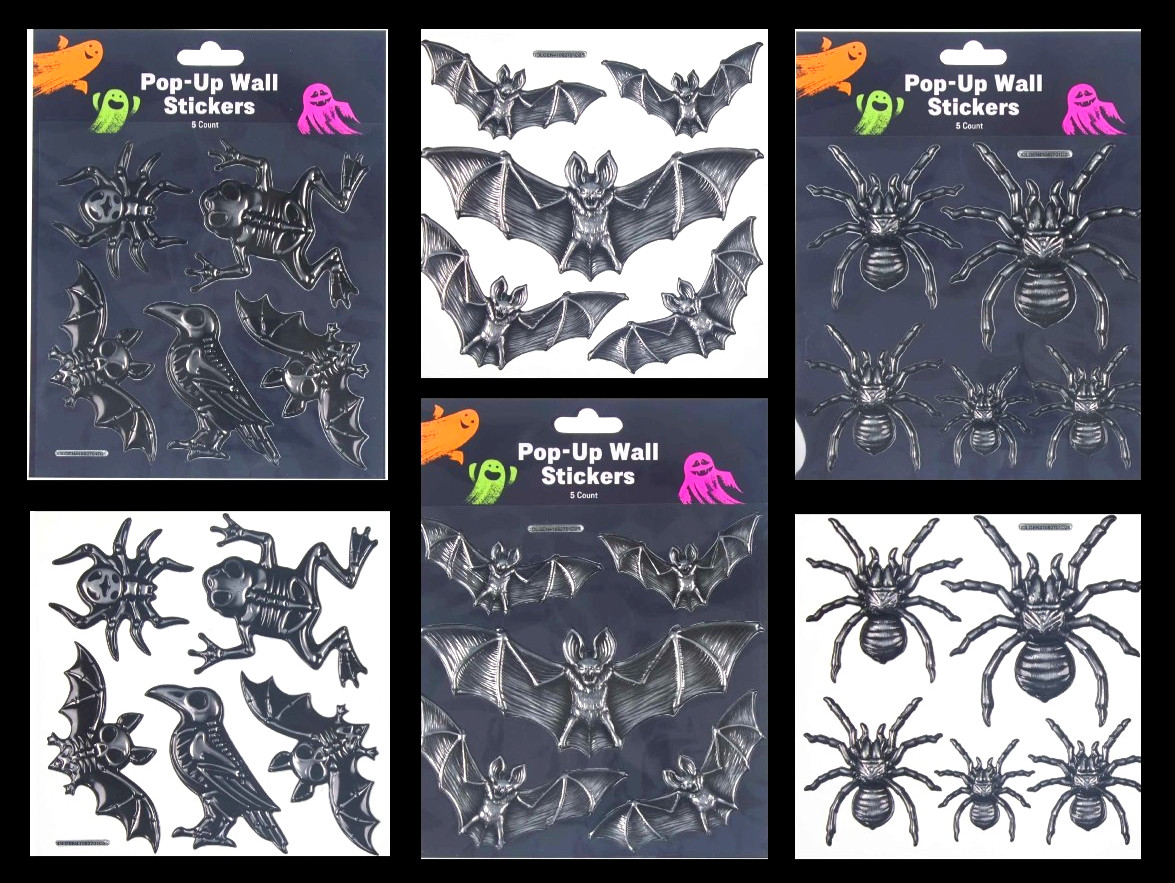 15 ct Pop-Up Wall Stickers Halloween Spooky Themed Bats Spiders Frogs, Crows