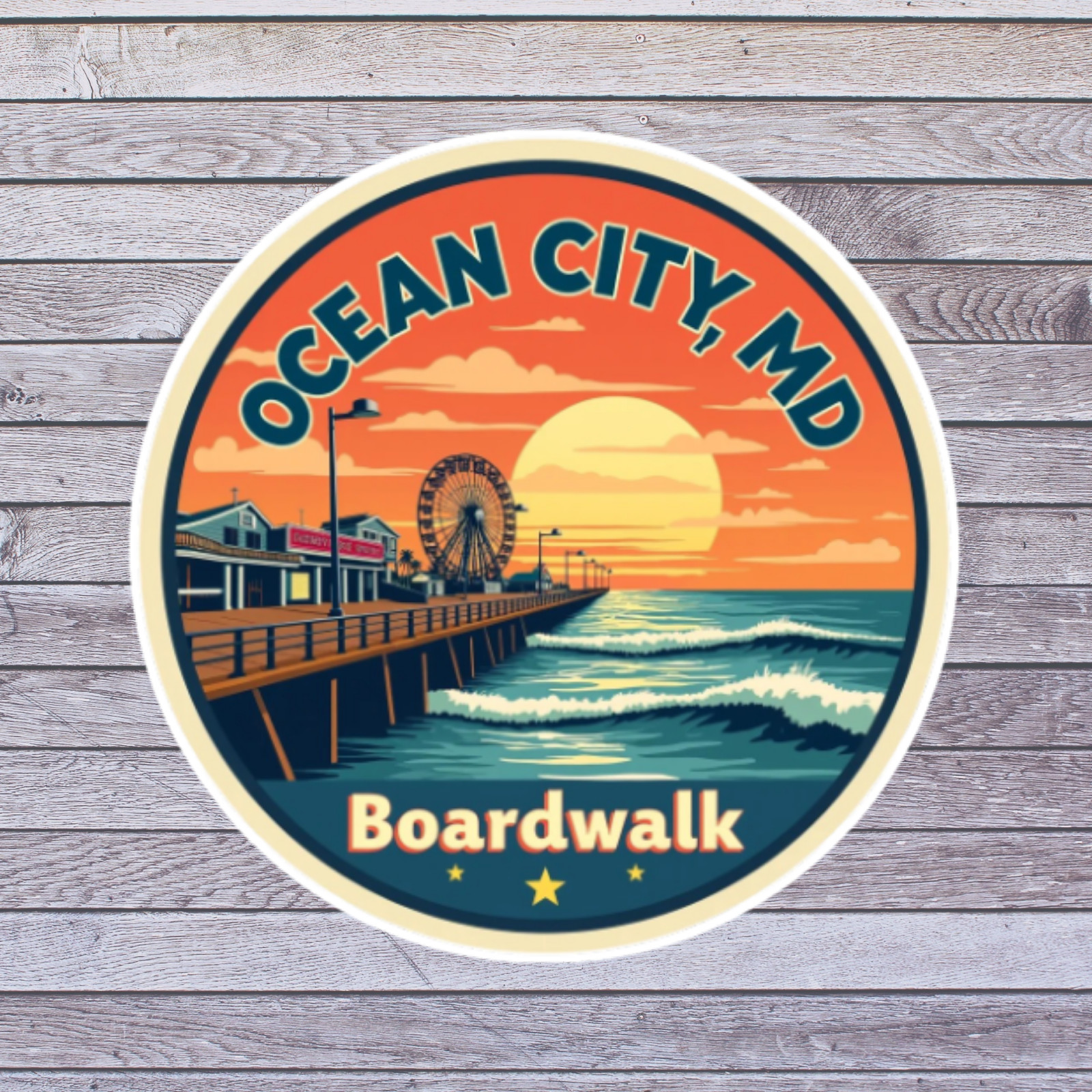 Ocean City MD Sticker Vinyl Decal Boardwalk Pier Ferris Wheel Sunset
