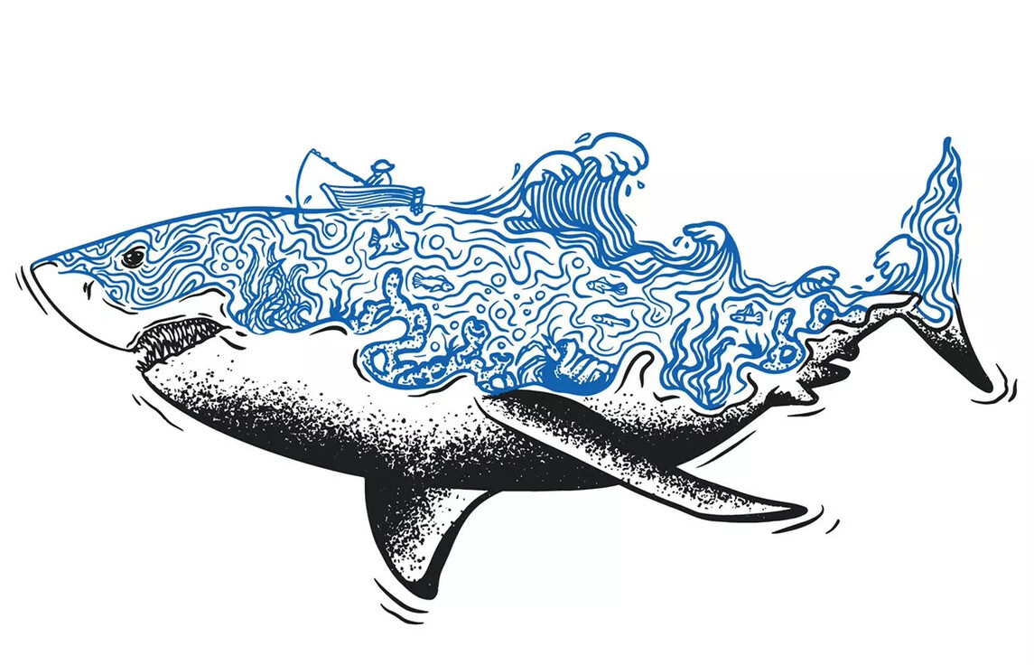 Blue Shark Sticker Ocean Beach Surf Life Design Trippy Swirl Water Boat (6 Inch)