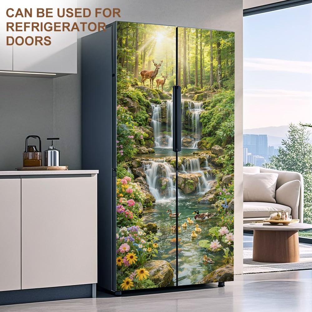Spring Forest Waterfall Door Mural, Peel and Stick Door Covers Decorative, Na…