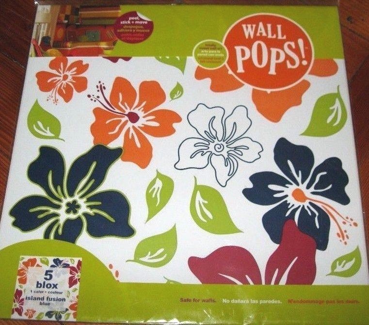 WALL POPS BLOX 5 sheets of 13 INCH ISLAND FUSION BLUE Tropical Flowers DECALS
