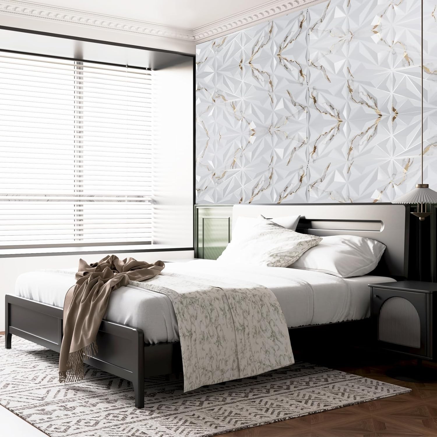 Waterproof 3D Wall Panels 33pk Diamond PVC Gold Veined White Commercial Interior