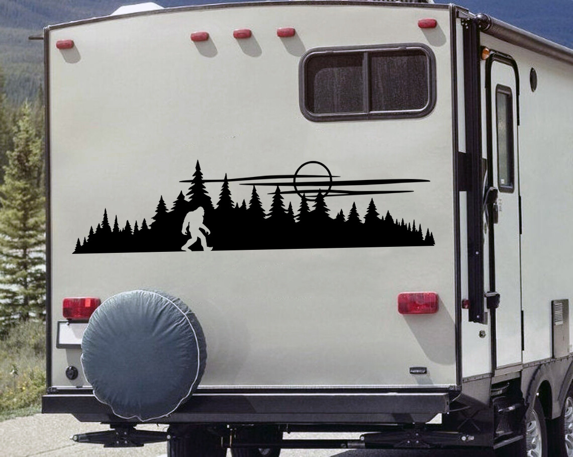 Bigfoot in Tree Line Forest Scene Vinyl Decal V17 – Sasquatch Camping – Sticker