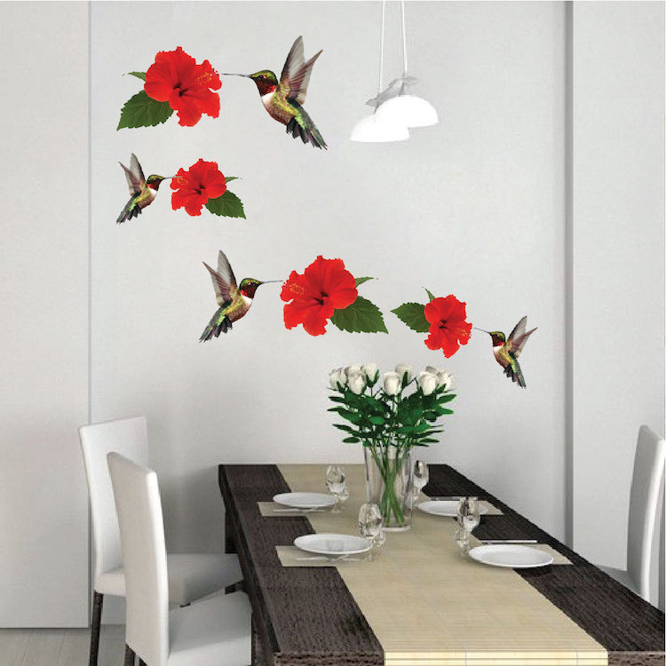 Hummingbird Wall Decal Mural, Hummingbirds Red Flowers Floral Animal Vinyl, a01