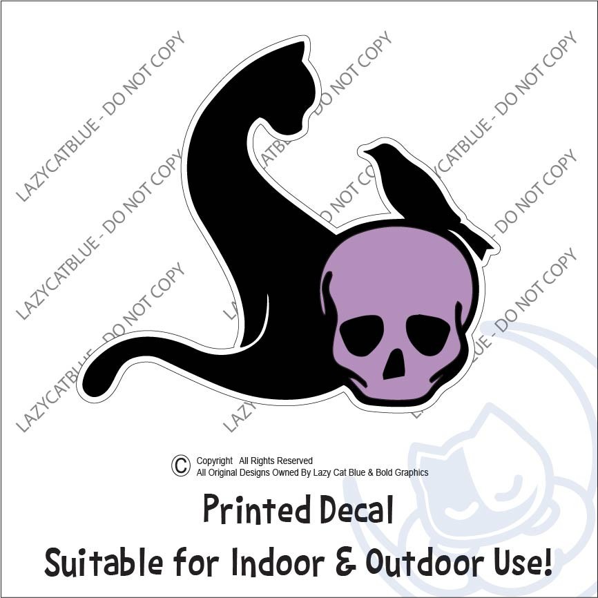 Cat Raven and Skull Decal Sticker Crow Halloween Decor Goth Dark Kitty Human