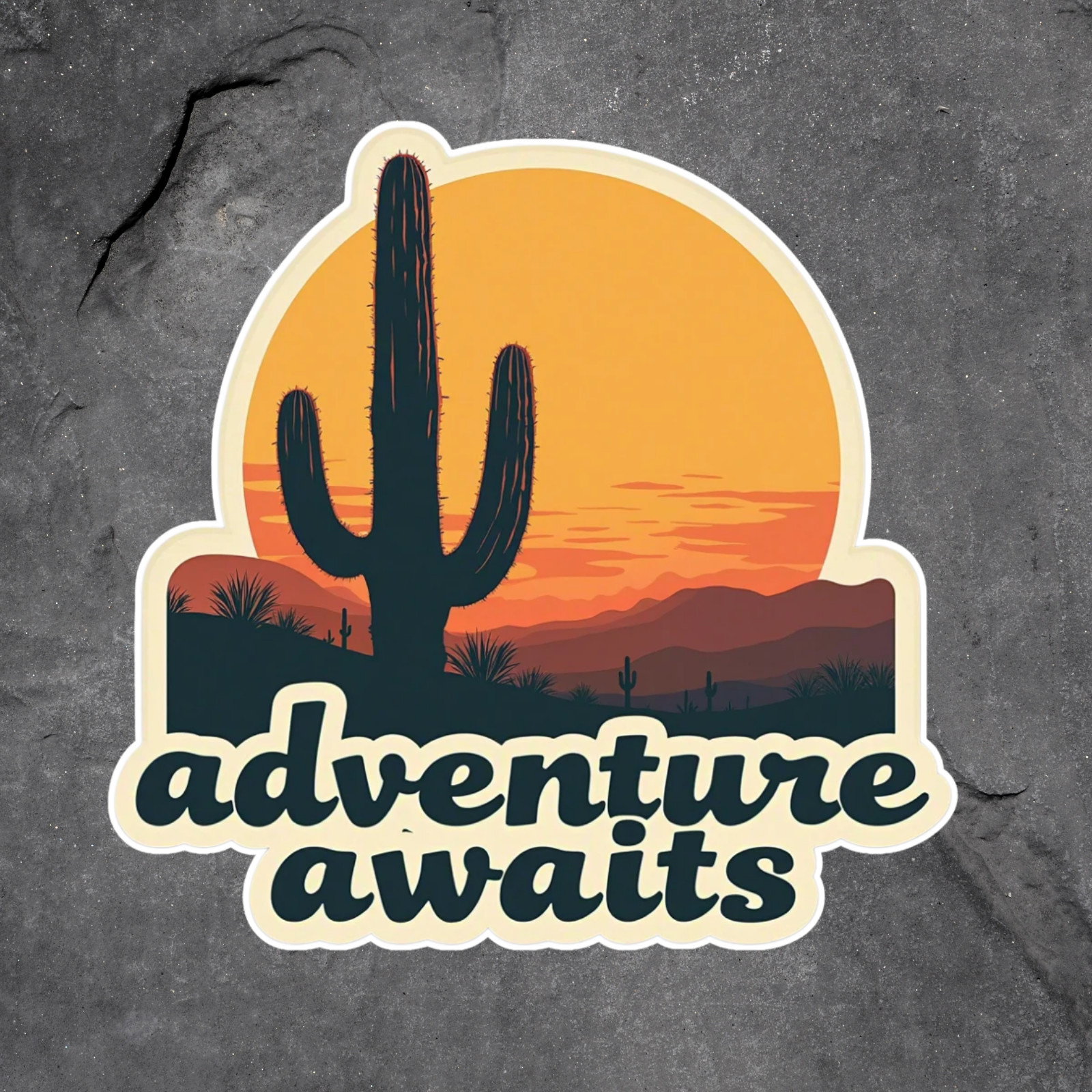 Camping sticker vinyl decal adventure awaits desert cactus sunset outdoors