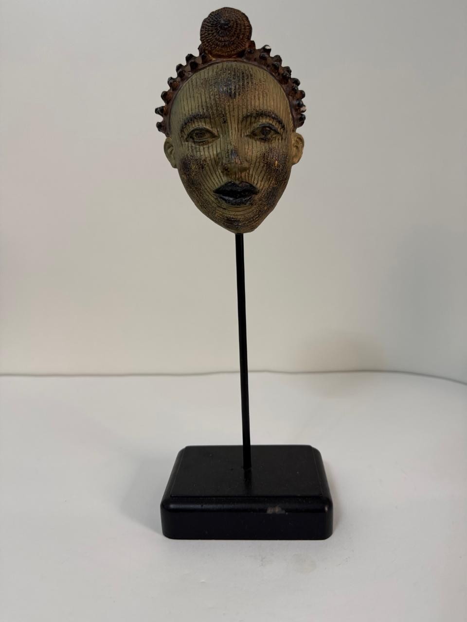 African Metal Head Sculpture Statue on Stand Tribal Art Decor Vintage Style Figu