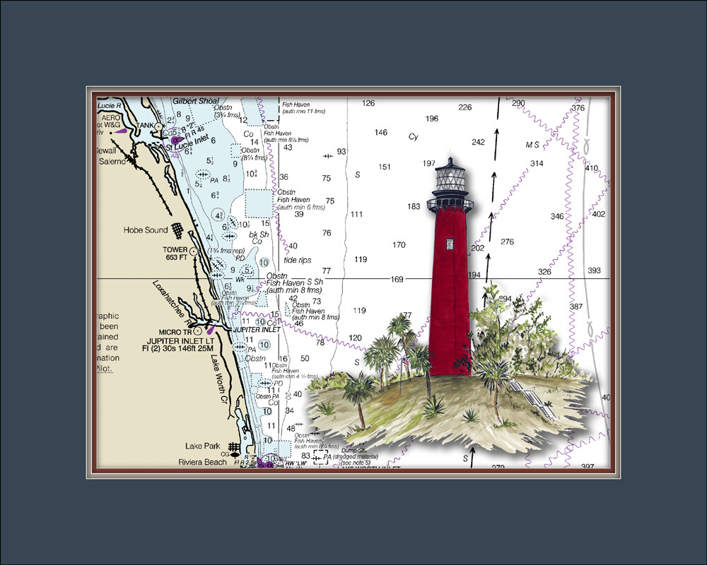 Jupiter Inlet, FL Lighthouse and Nautical Chart High Quality Canvas Print