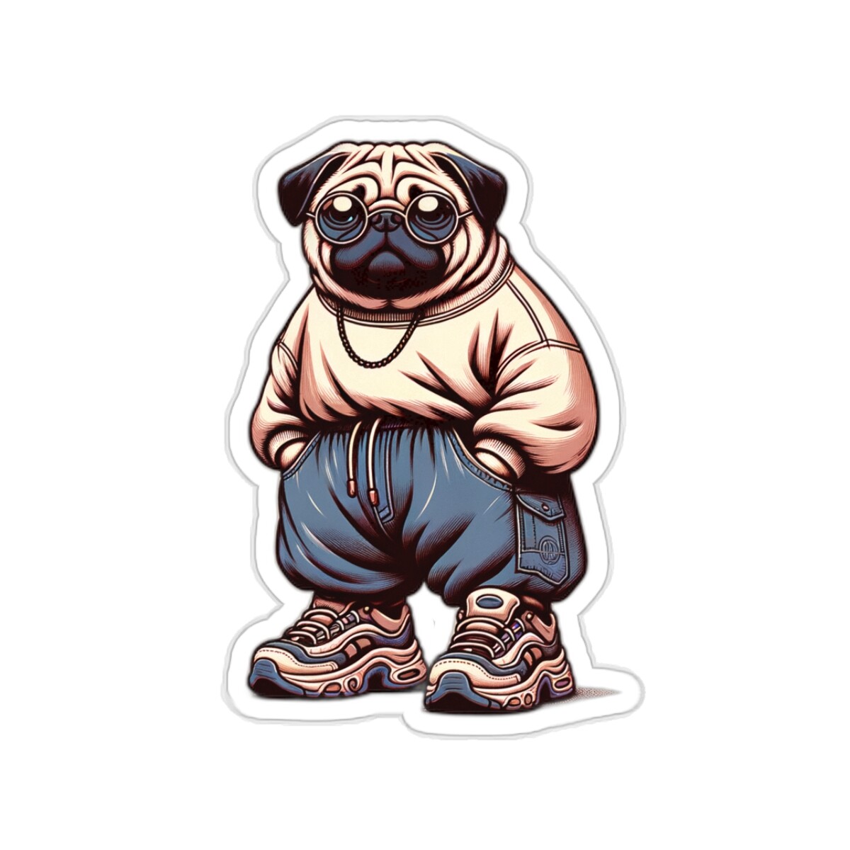 Sticker Vintage Style Pug Dog Rocking Retro Clothes Streetwear 2×2 3×3 4×4 6×6