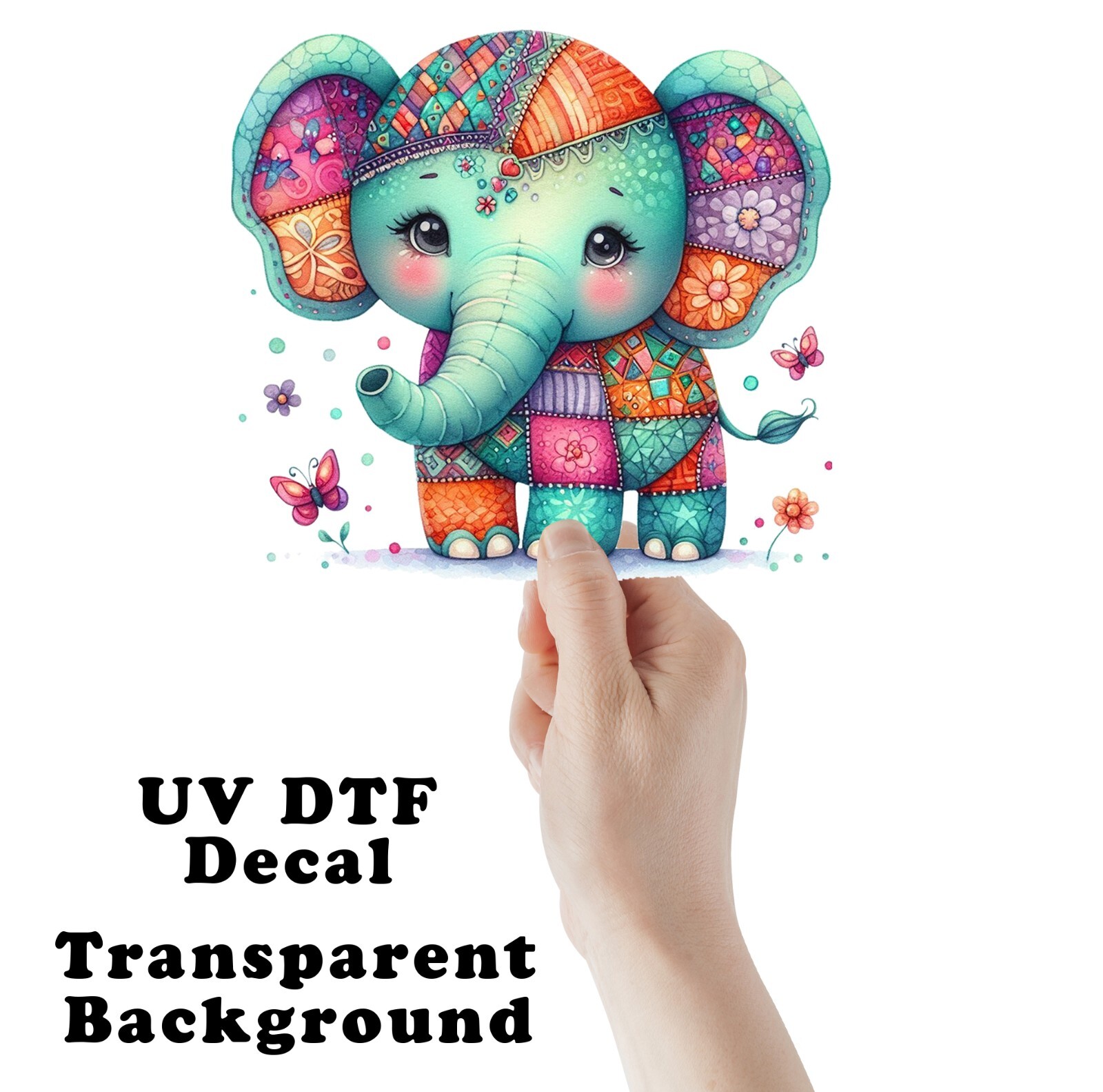 Turquoise Patchwork Elephant UV DTF Transparent Sticker / Decal