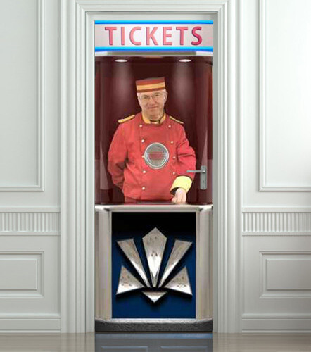 Movie Ticket Booth Door Mural | 1-Piece Wrap | Cinema Home Theater. Laminated