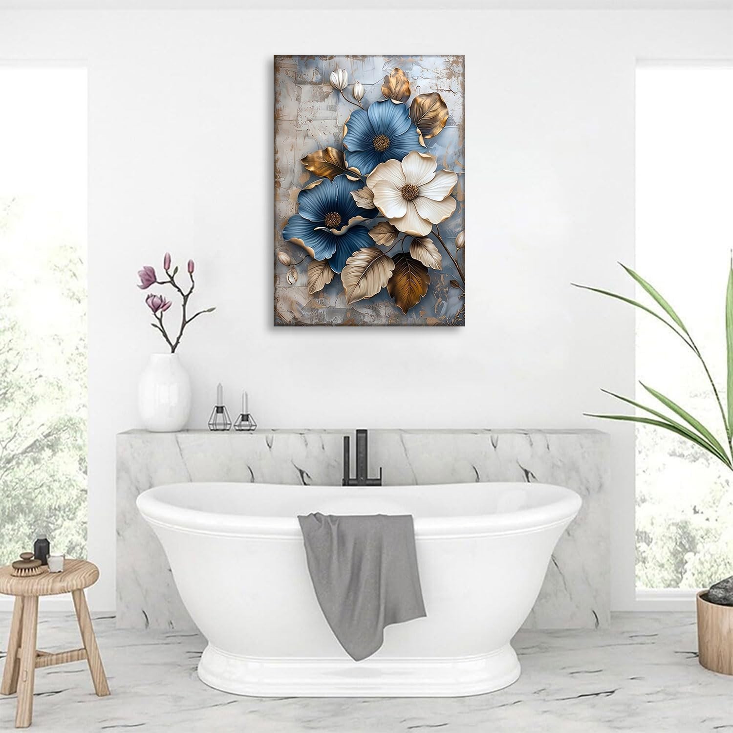 Modern Floral Canvas Wall Art Blue and White Flower Market Wall Decor Picture…