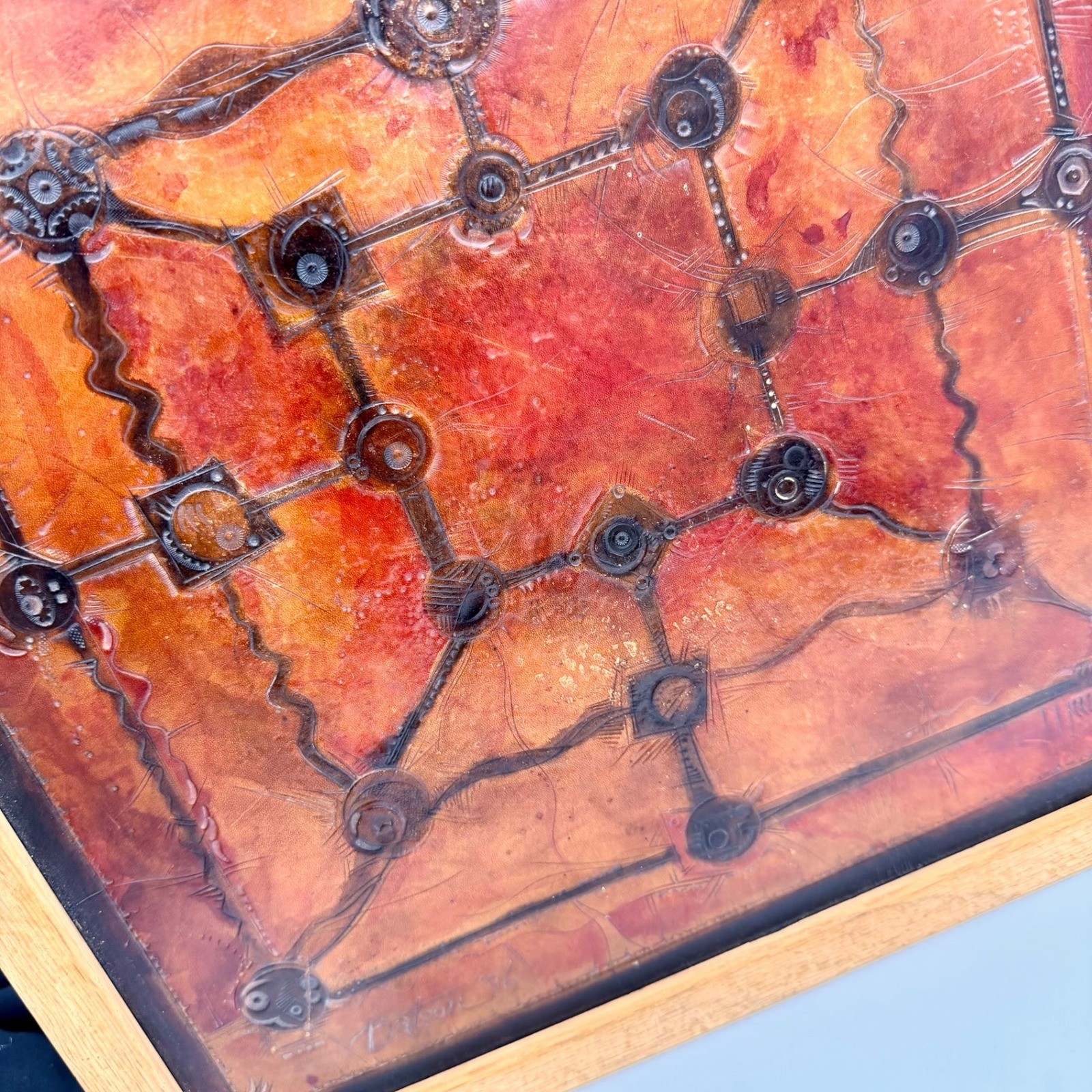 Vintage Tooled Leather Abstract Geometric Brutalist Wall Art Signed 96