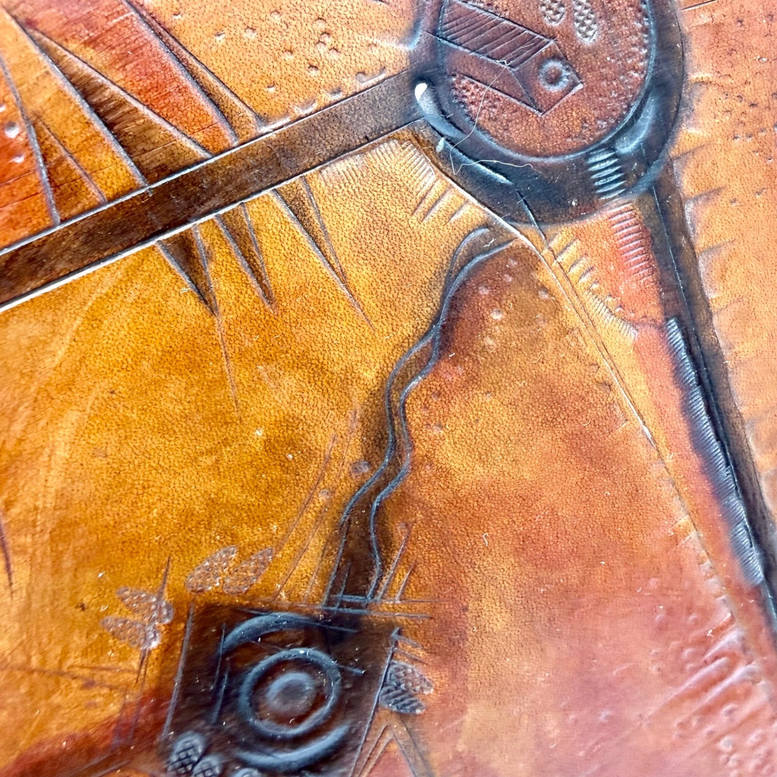 Vintage Tooled Leather Abstract Geometric Brutalist Wall Art Signed 96