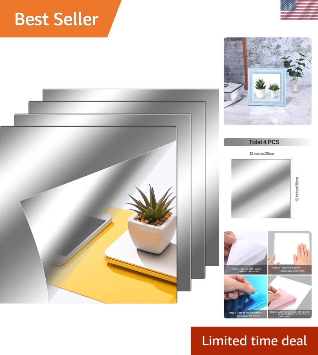 Elegant Self-Adhesive 12×12 Inch Flexible Mirror Sheets – 4 Pack for Home Decor