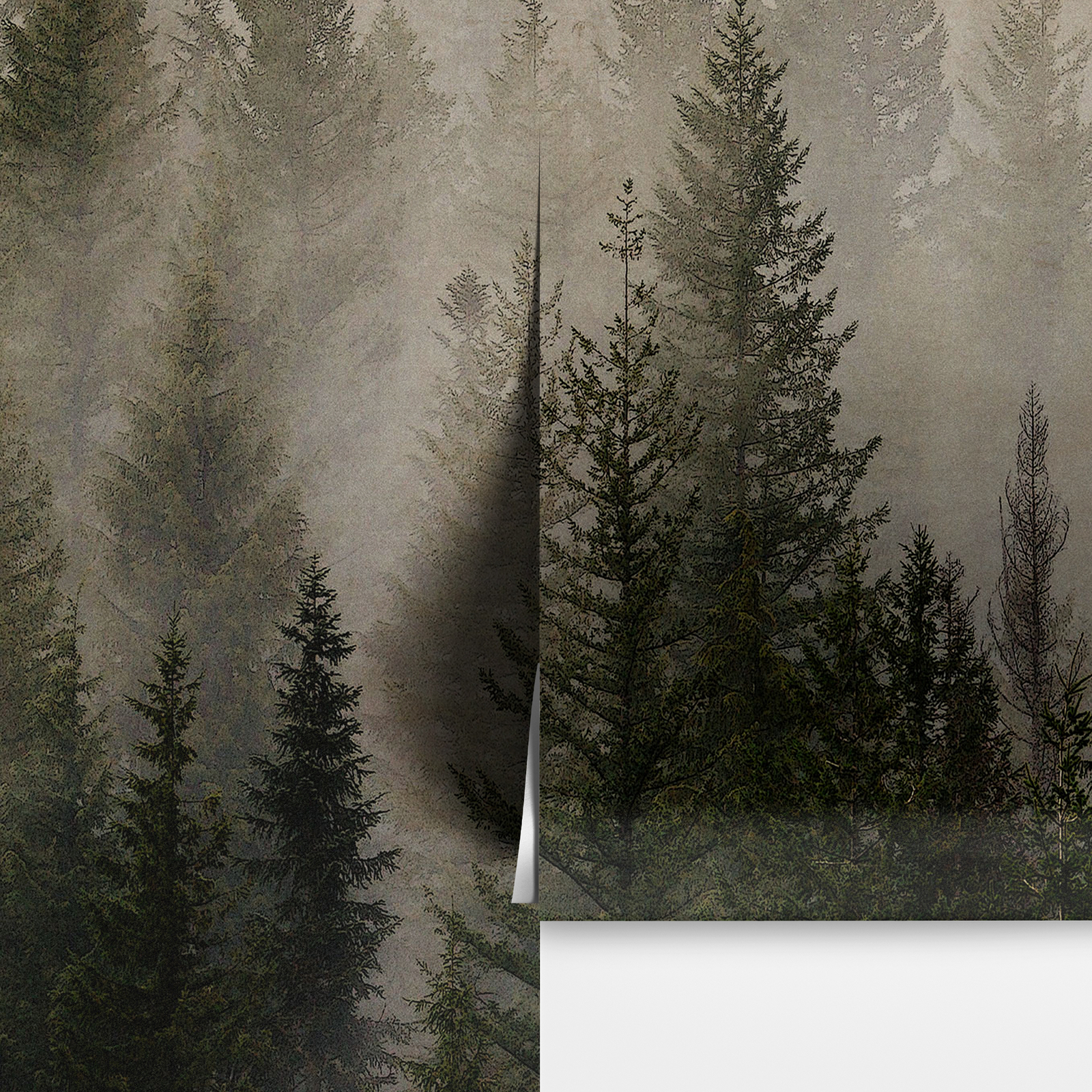 Misty Pine Tree Forest Landscape Wallpaper. Peel and Stick Wall Mural. Self Adhe