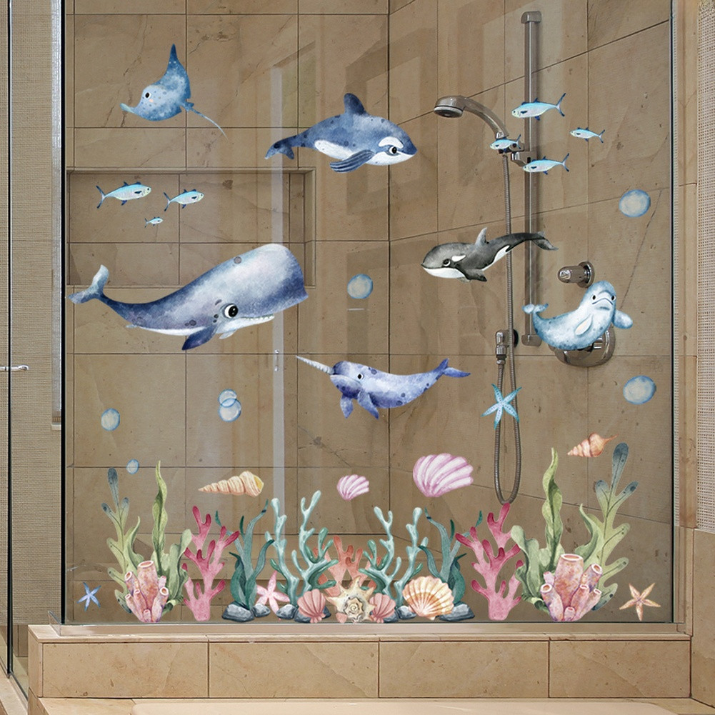 Double Sided Marine Life Window Sticker for Glass Doors 11.81×23.62in Blue PVC