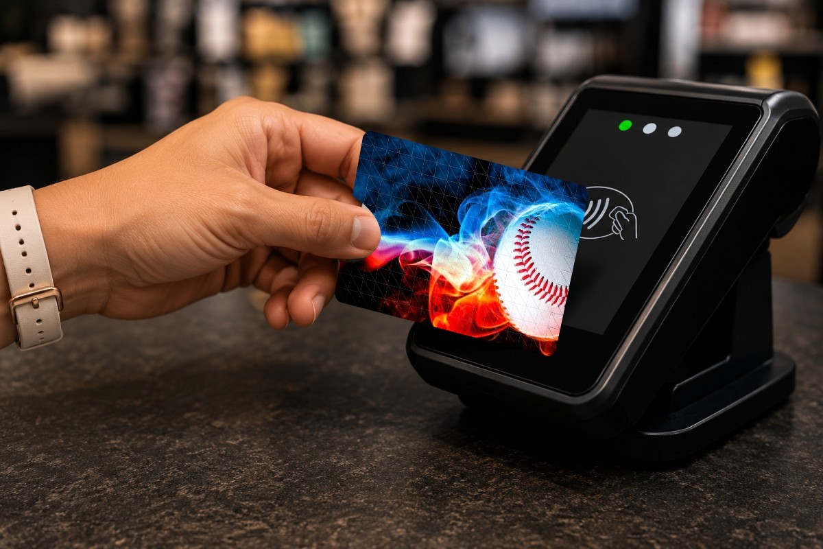 Baseball Card Skin for Credit/Debit Card – Blue Red Fire Chip Sticker