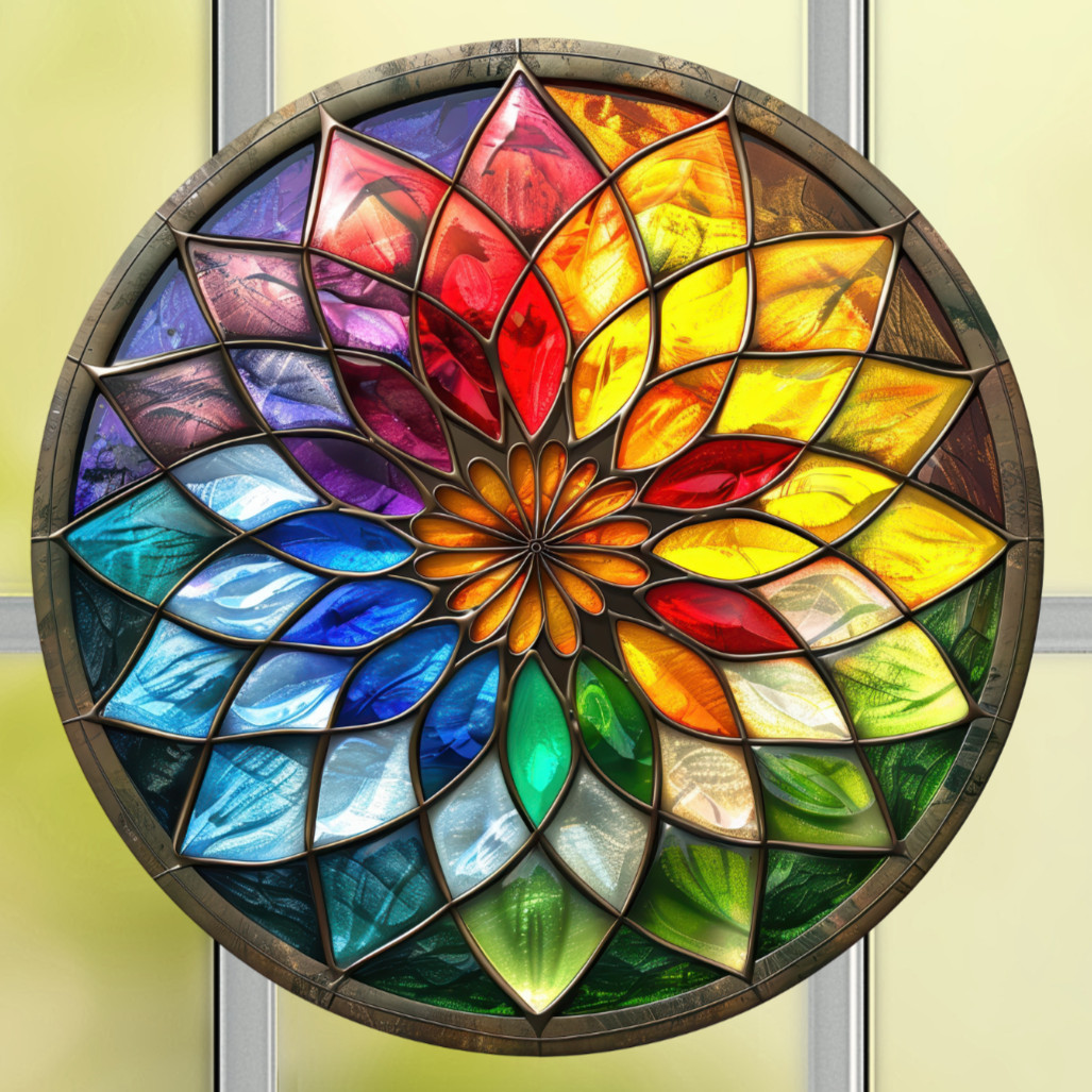 Rainbow Star Flower Faux Stained-Glass WINDOW CLING Size 8" Round Vinyl