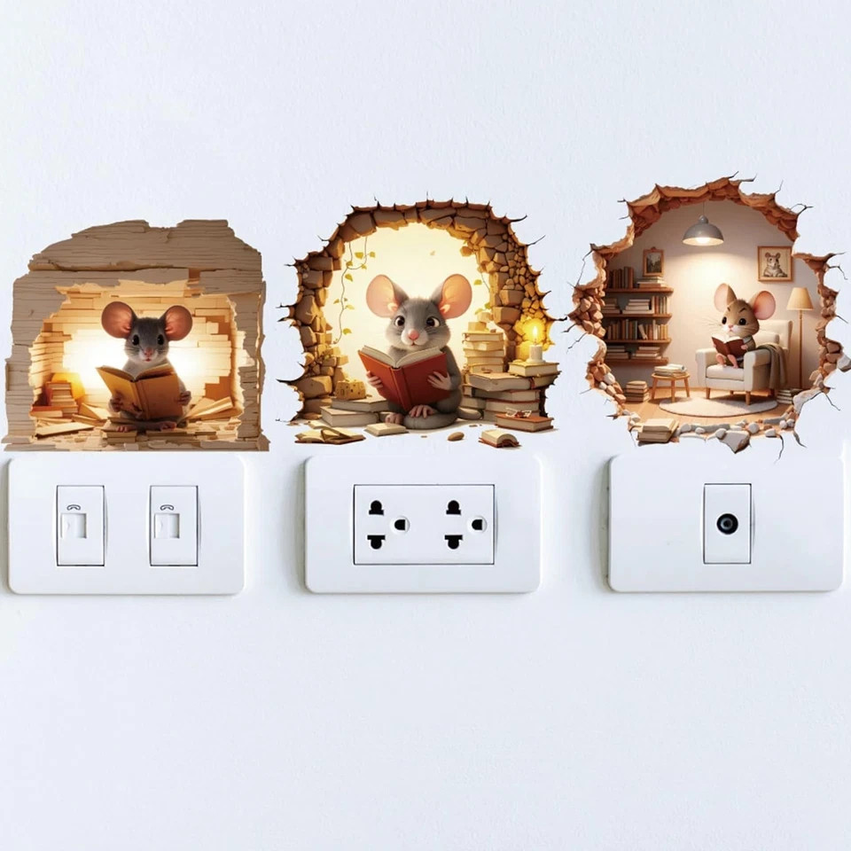 6PCS 3D Mouse Hole Wall Decals Peel and Stick,Decorative Wall Stickers, Fun A…