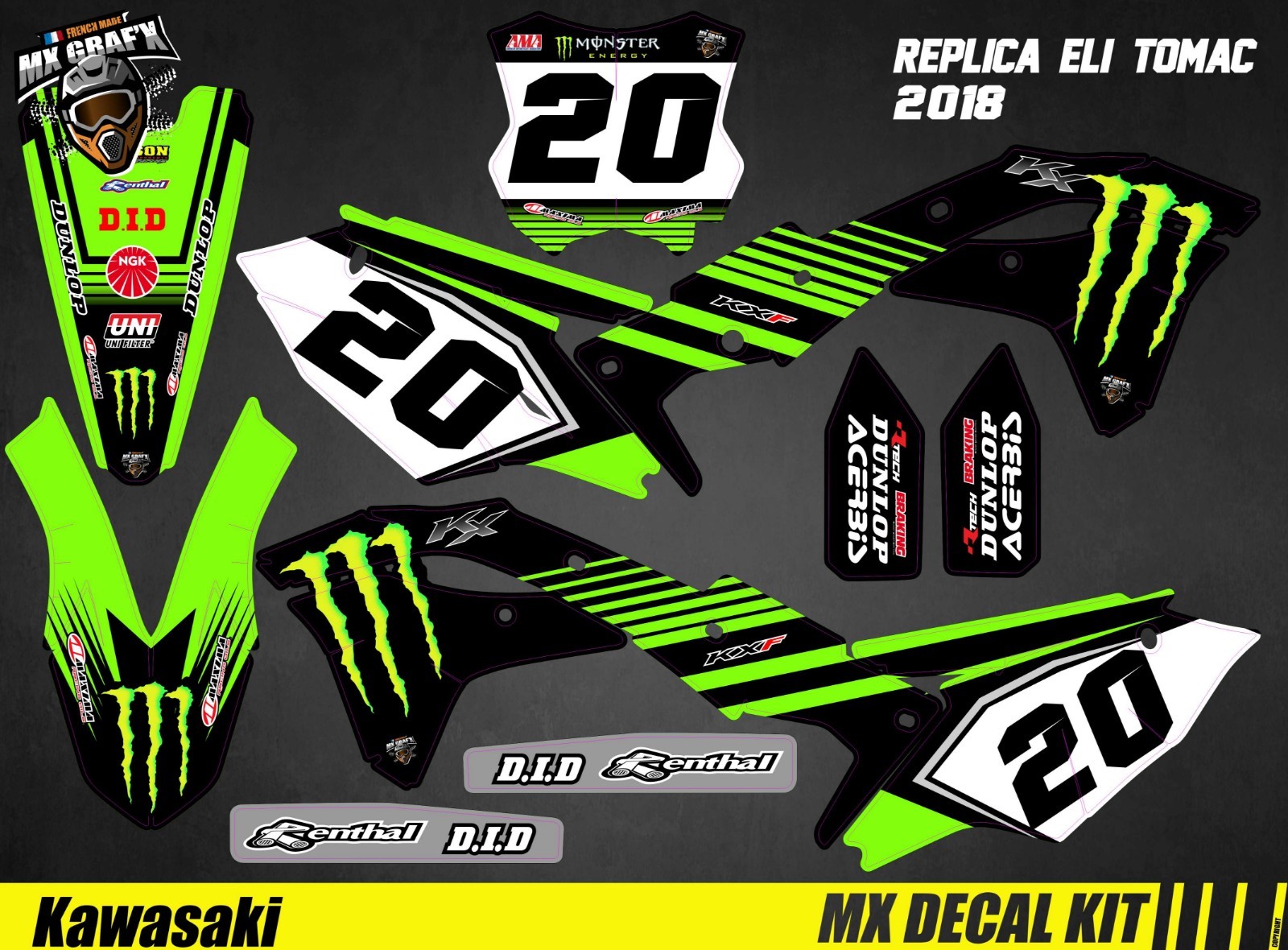 Motorcycle Decal Kit for Kawasaki KXF – Eli Tomac Replica 2018
