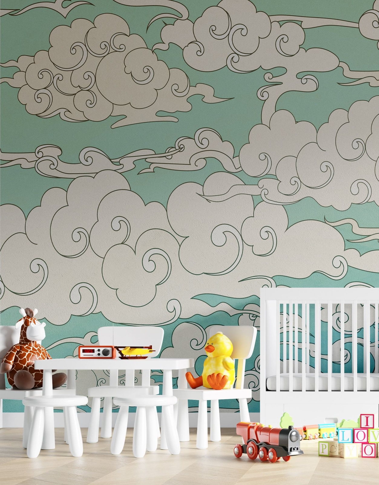 Japanese Traditional Curly Cloud in Sky Abstract Illustration Asian Decor Wall M