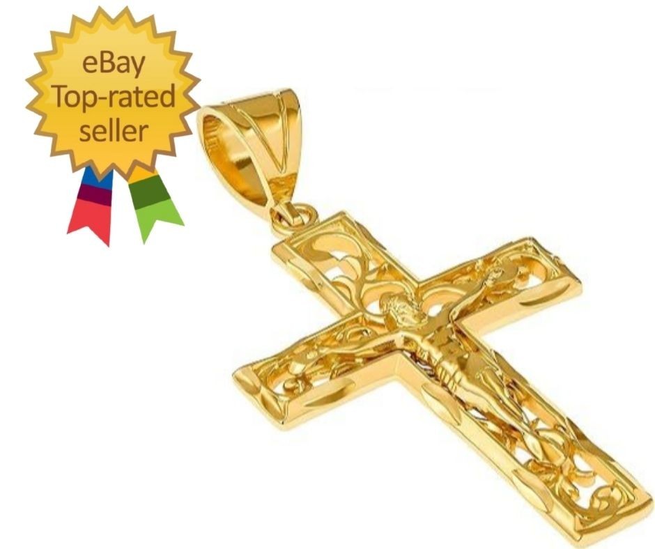 Large Filigree Crucifix Cross Necklace for Men & Women 24k G…