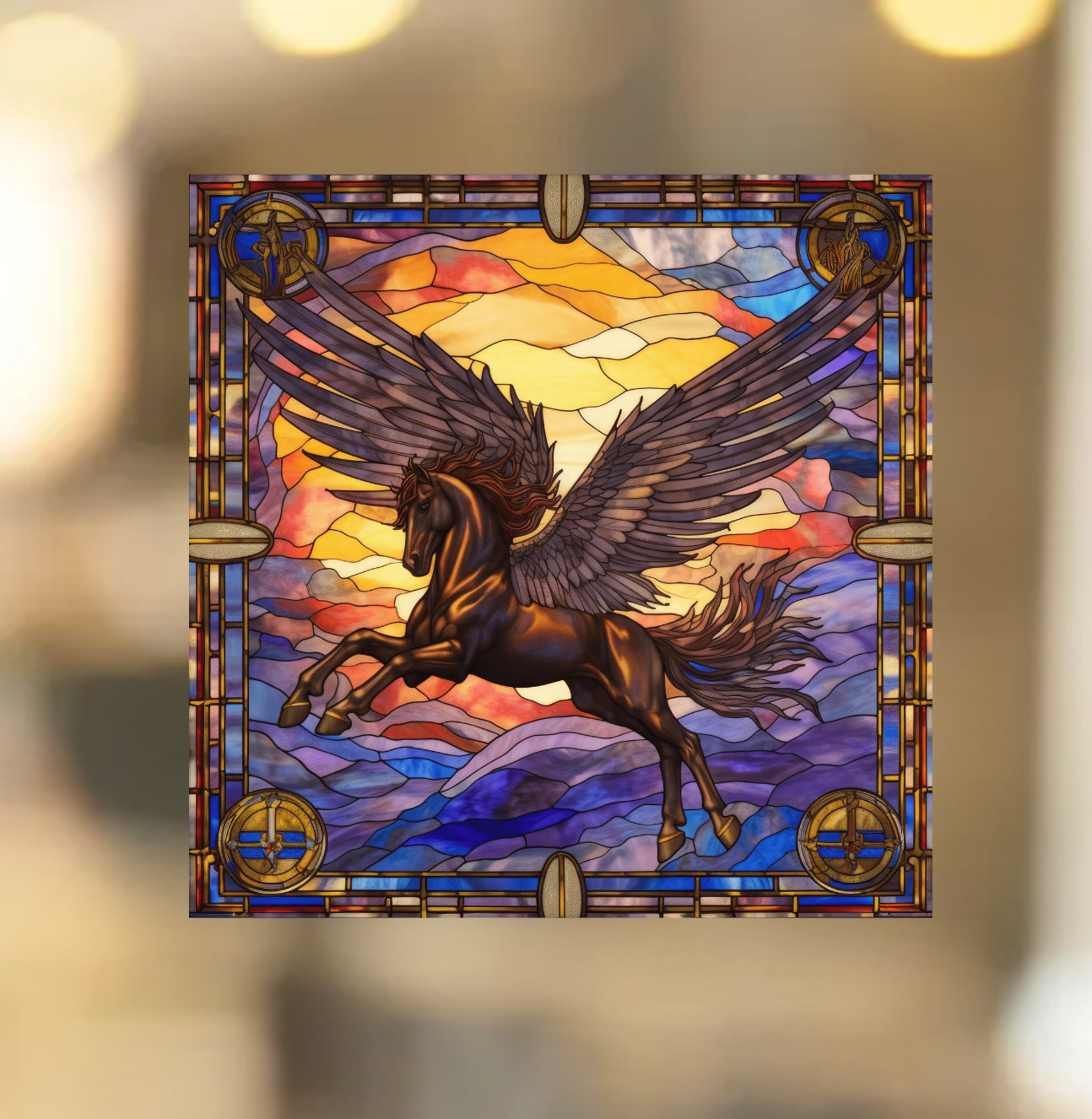 Pegasus Horse Faux Stained-Glass WINDOW CLING Size 8" Vinyl