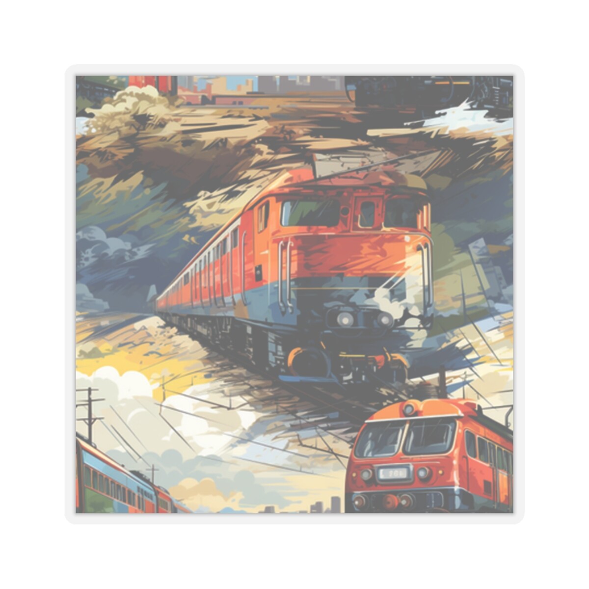 Train Scene Art Locomotive Railcar Railroad Sticker Transport 2×2, 3×3, 4×4, 6×6