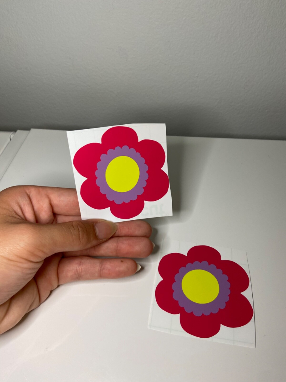Hot pink, lavender purple and yellow layered flower vinyl sticker 