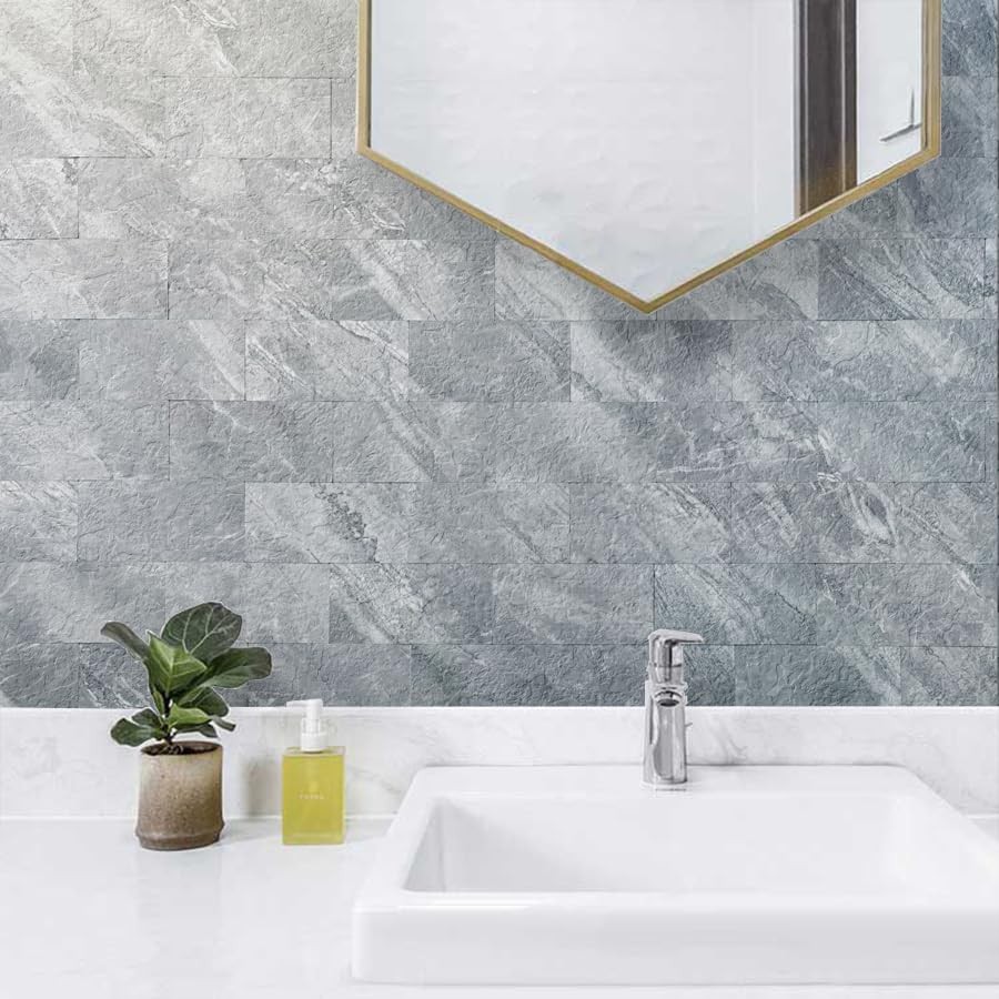 100-Piece Peel and Stick Backsplash Wall Tiles, 3" x 6" PVC Grey Marble Faux …
