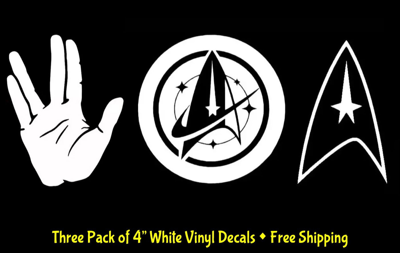 Starfleet Command Star Trek & Live Long & Prosper 3 PK of 4" White Vinyl Decals