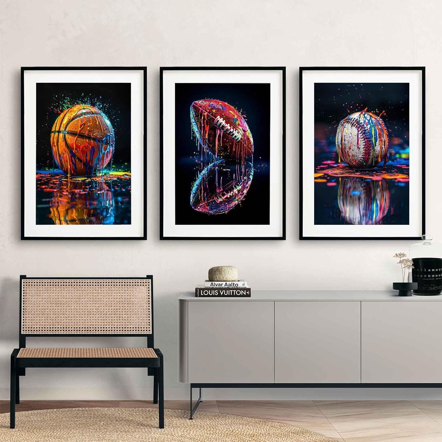 3Pcs Graffiti Sports Canvas Wall Art Boys Room Rustic Football Baseball Rugby…