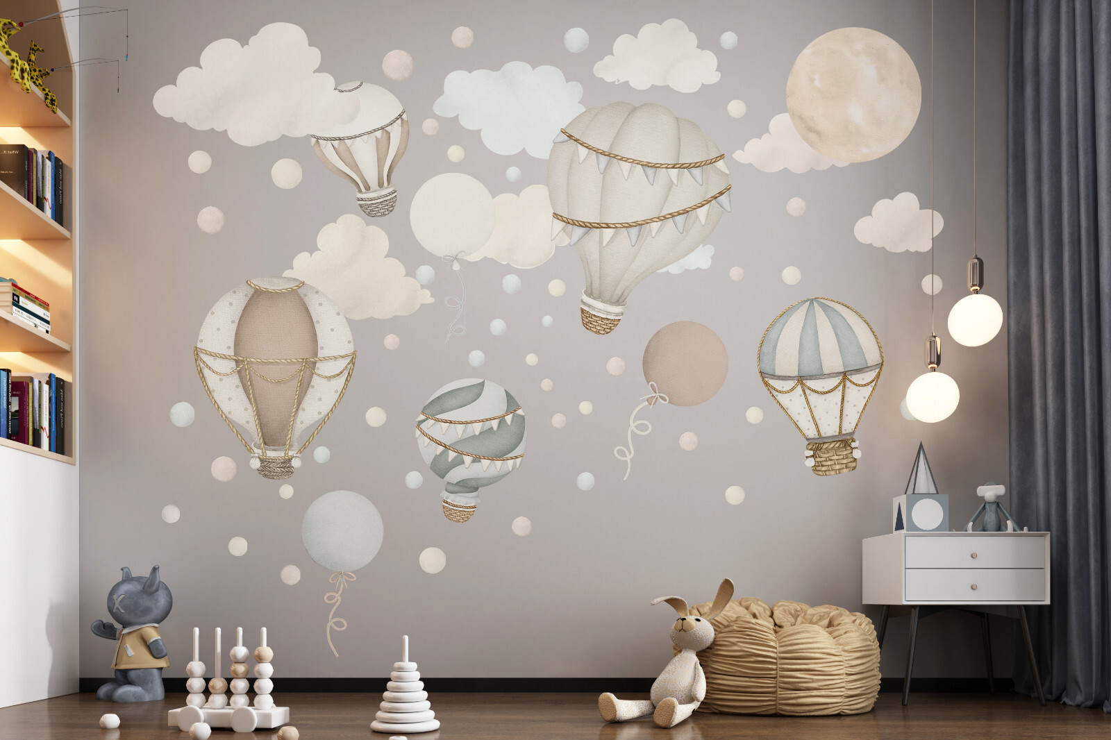 Boho Hot Air Balloon Wall Decals, Neutral Unisex Air Balloons Nursery Decor Set