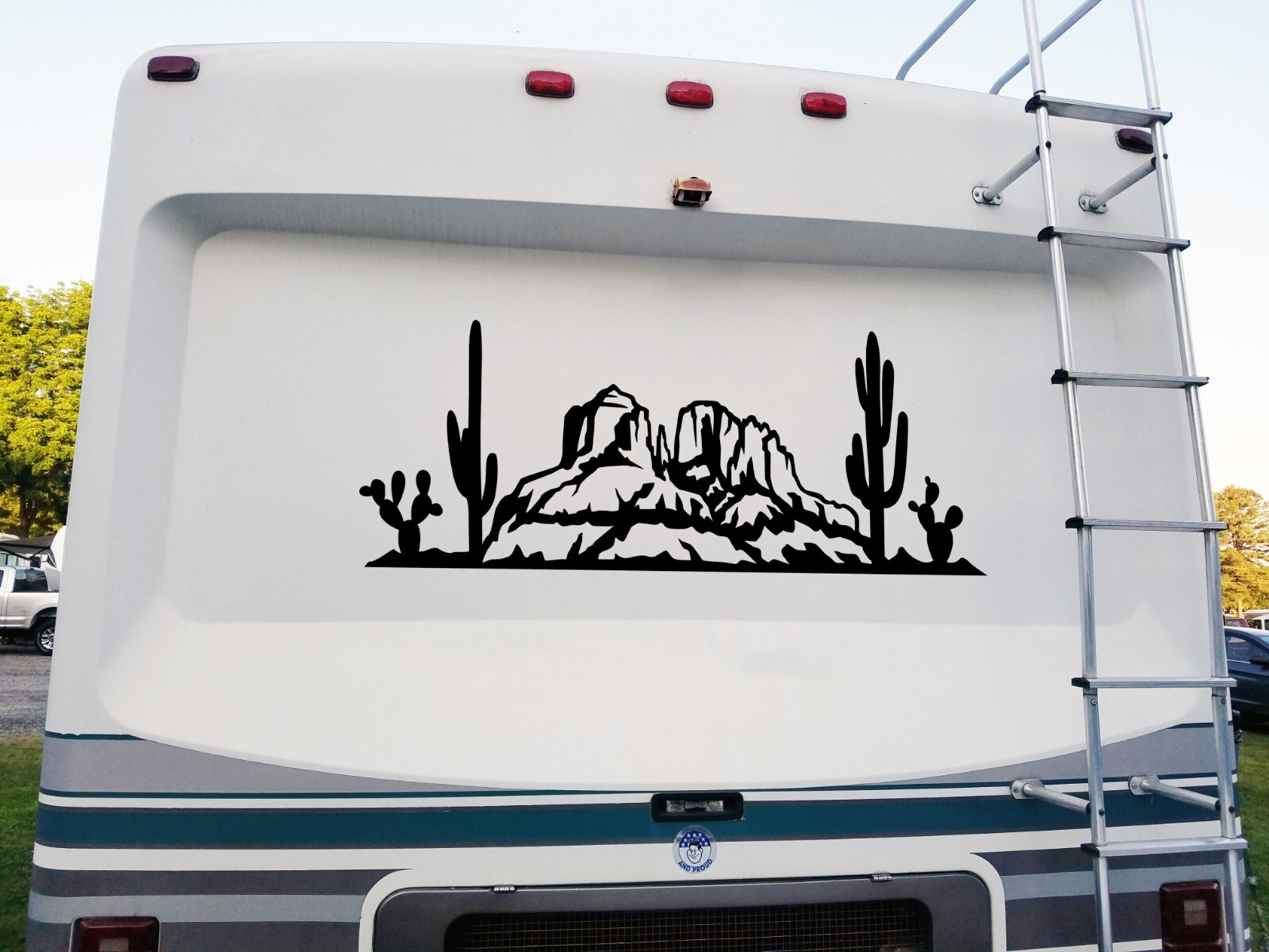 Desert Cactus Mountain Scene V7 Vinyl Decal – RV Camper Graphics Mesa Sticker