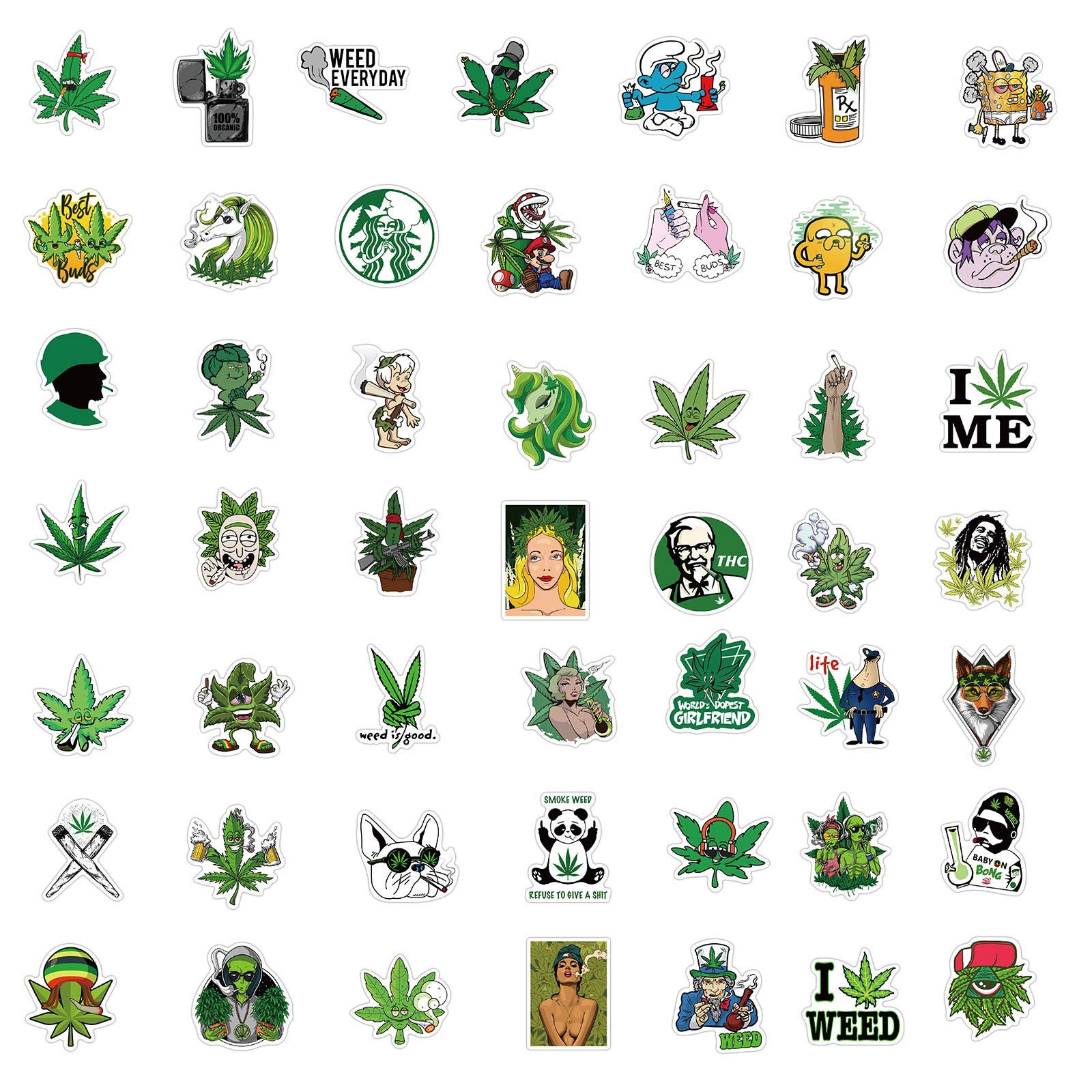100PCS Stoner Weed Stickers, Vinyl Waterproof Green Marijuana Stickers