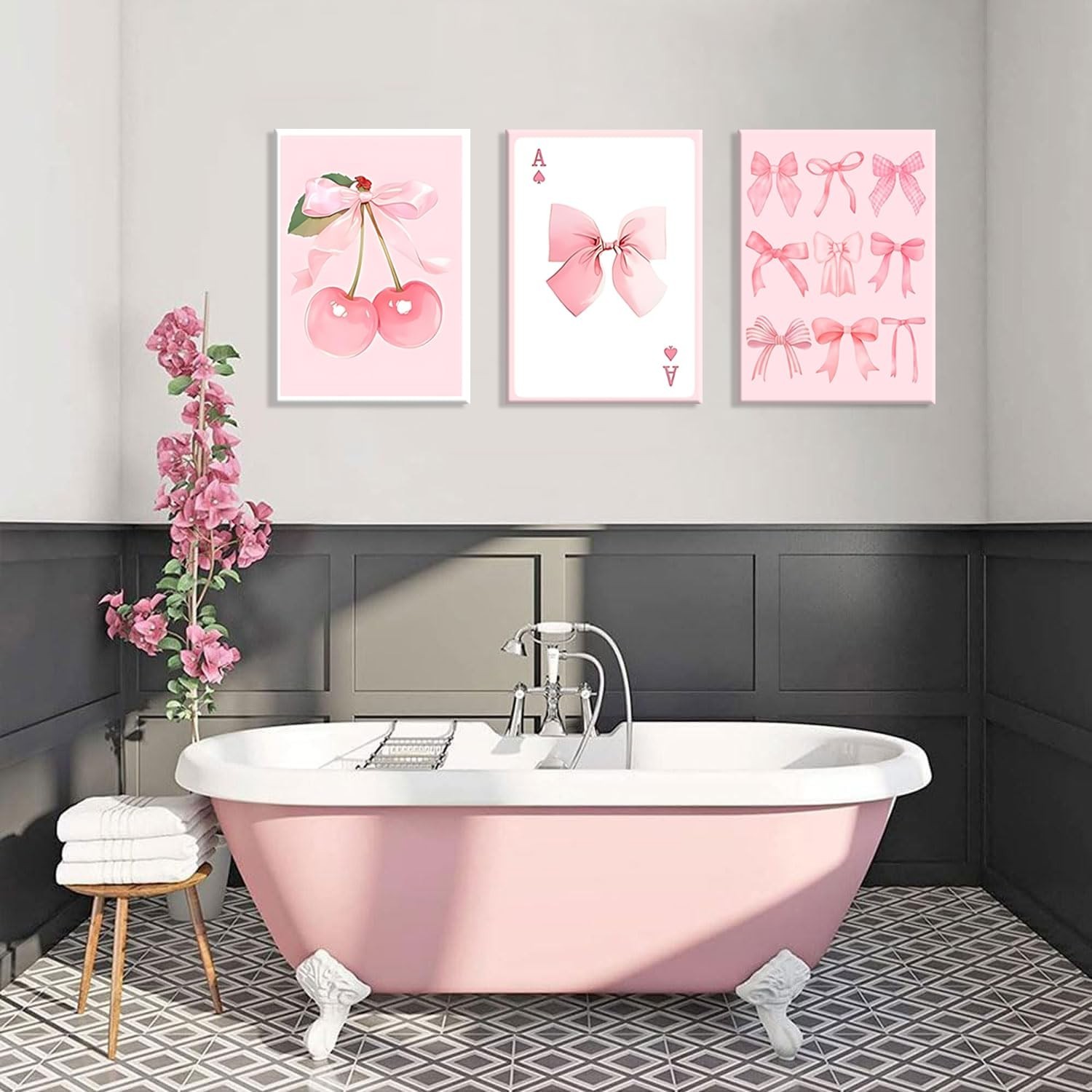 Coquette Pink Bow Canvas Wall Art Set of 3, Cherry Bow Posters Prints for Bed…