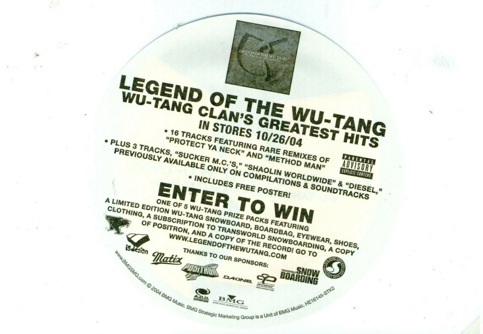 LEGEND OF THE WU-TANG CLAN'S GREATEST HITS STICKER/DECAL LARGE 5.5" DIAMETER NEW