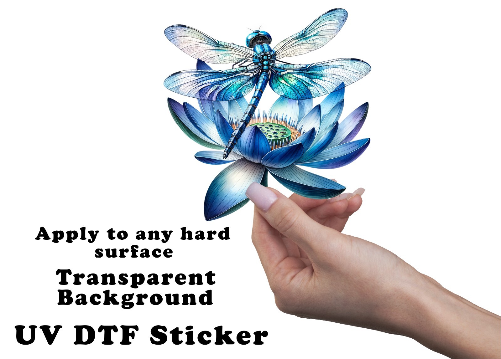 Blue Lotus and Dragonfly UV DTF Transparent Sticker / Decal