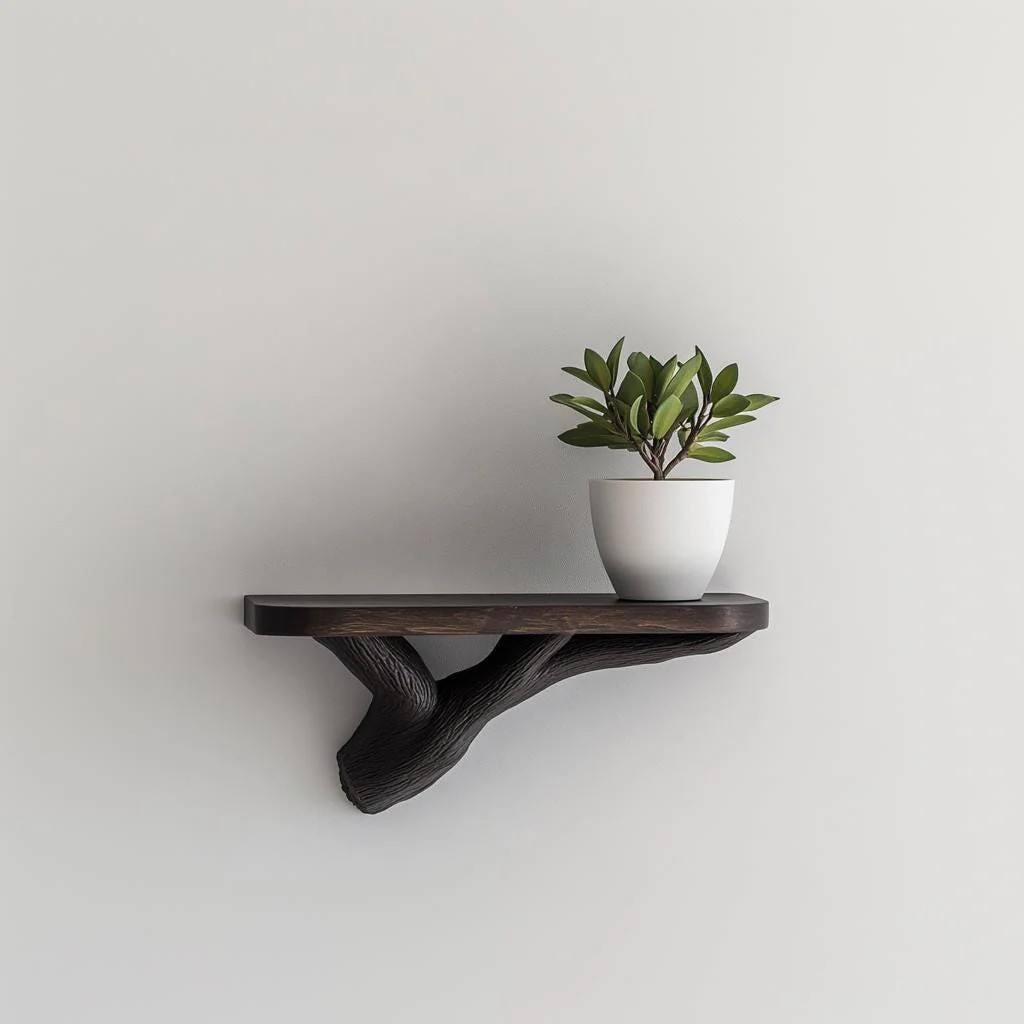 Dark Wood Wall Shelf | Tree Branch Floating Shelf | Modern Nature Decor