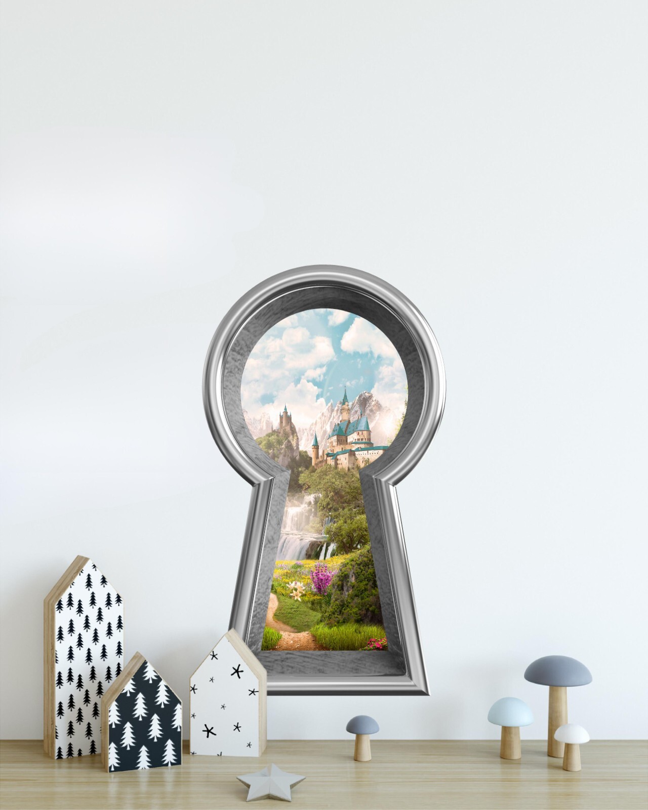 Keyhole Fabric Wall Decal Fairytale Castle Waterfall Mountain View Wall Sticker