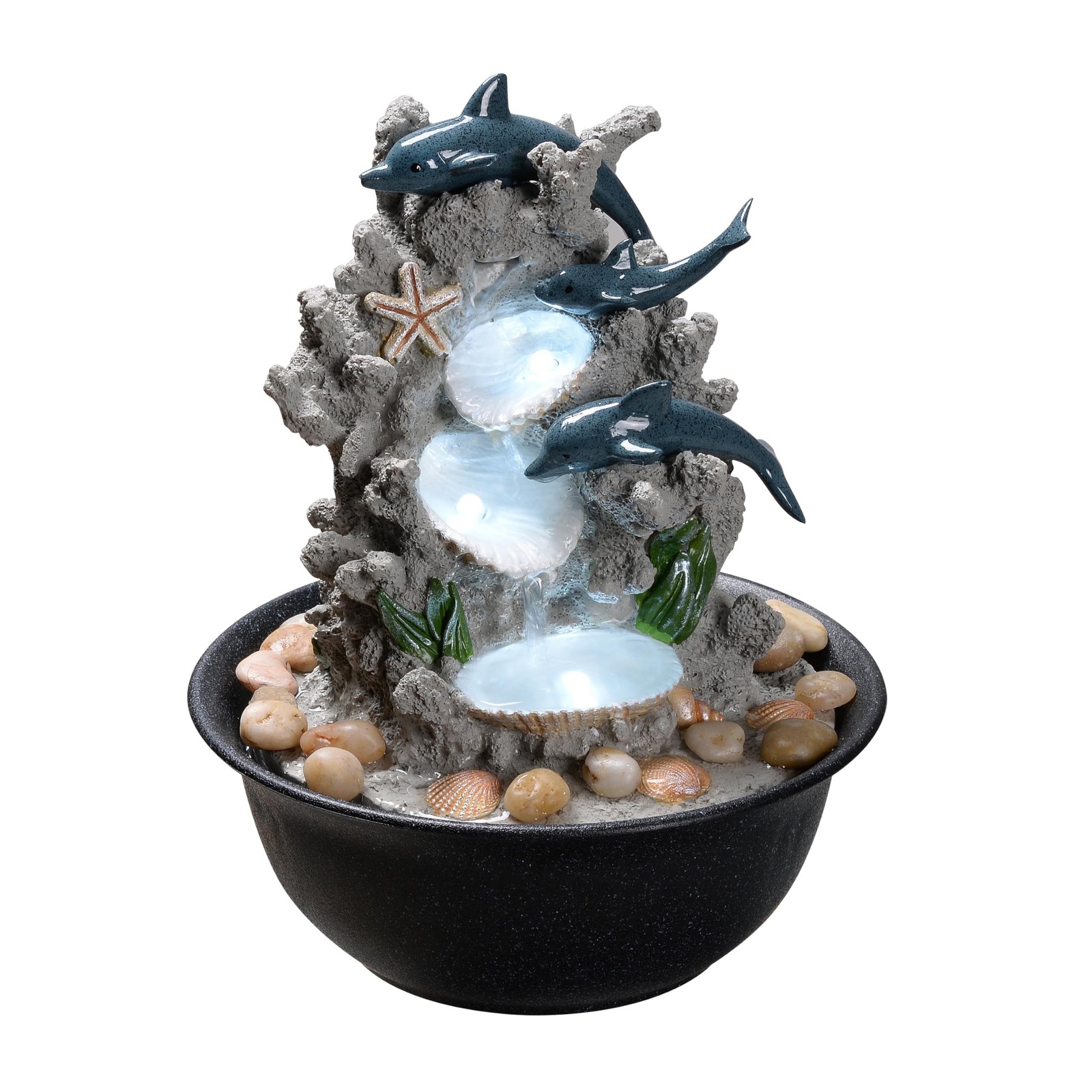 Indoor Tabletop Dolphin Water Fountain with LED Light – Ocean Theme Desk D