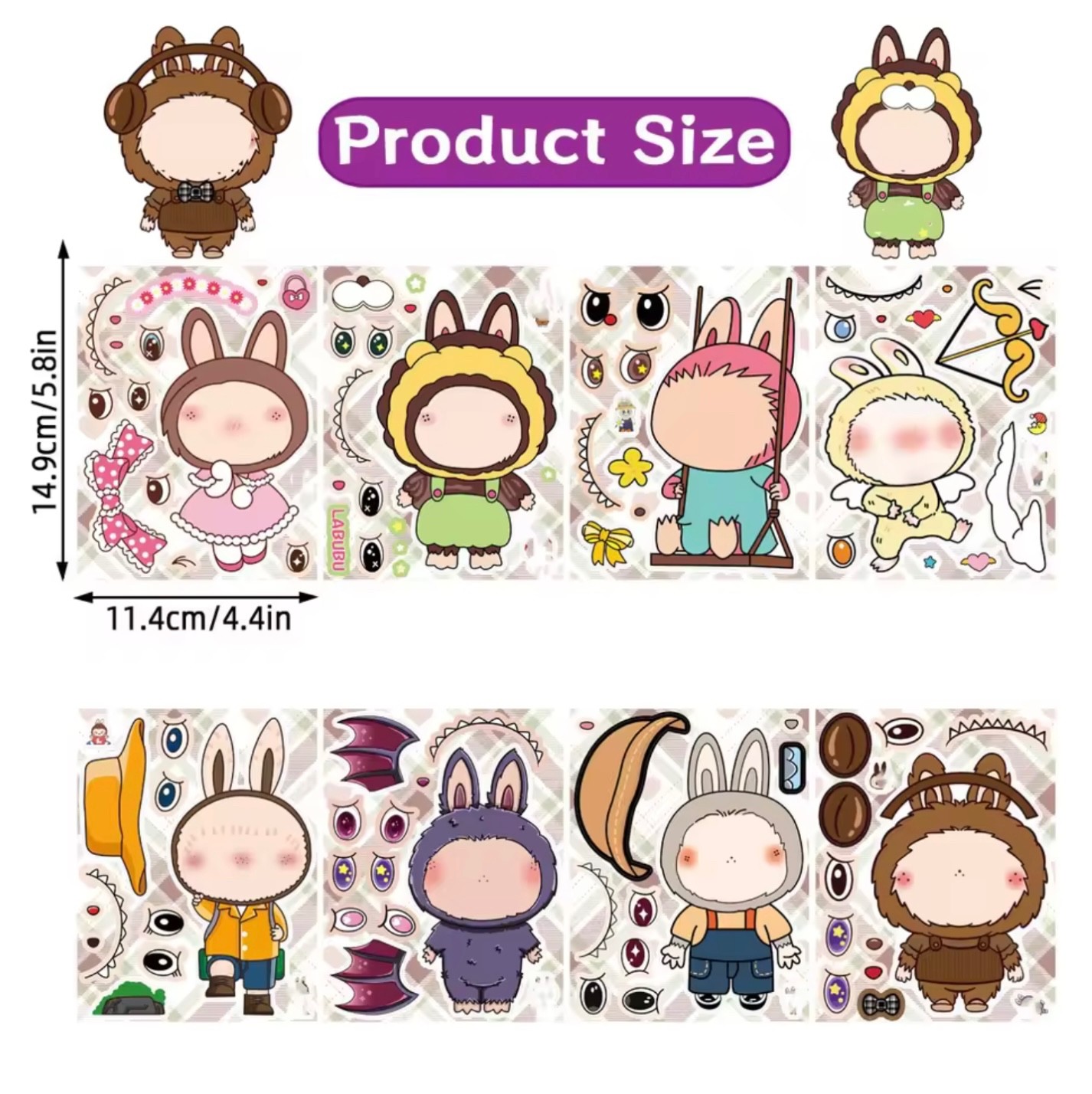 Labubu Monsters Inspired Fun Set of 8 Make a Face DIY Stickers Activity Sheets
