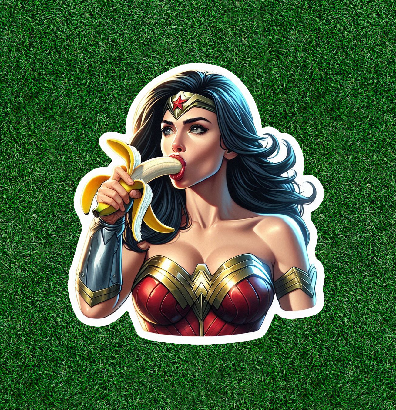 Wonder Woman eating a banana 100% waterproof vinyl sticker decal- Several Sizes