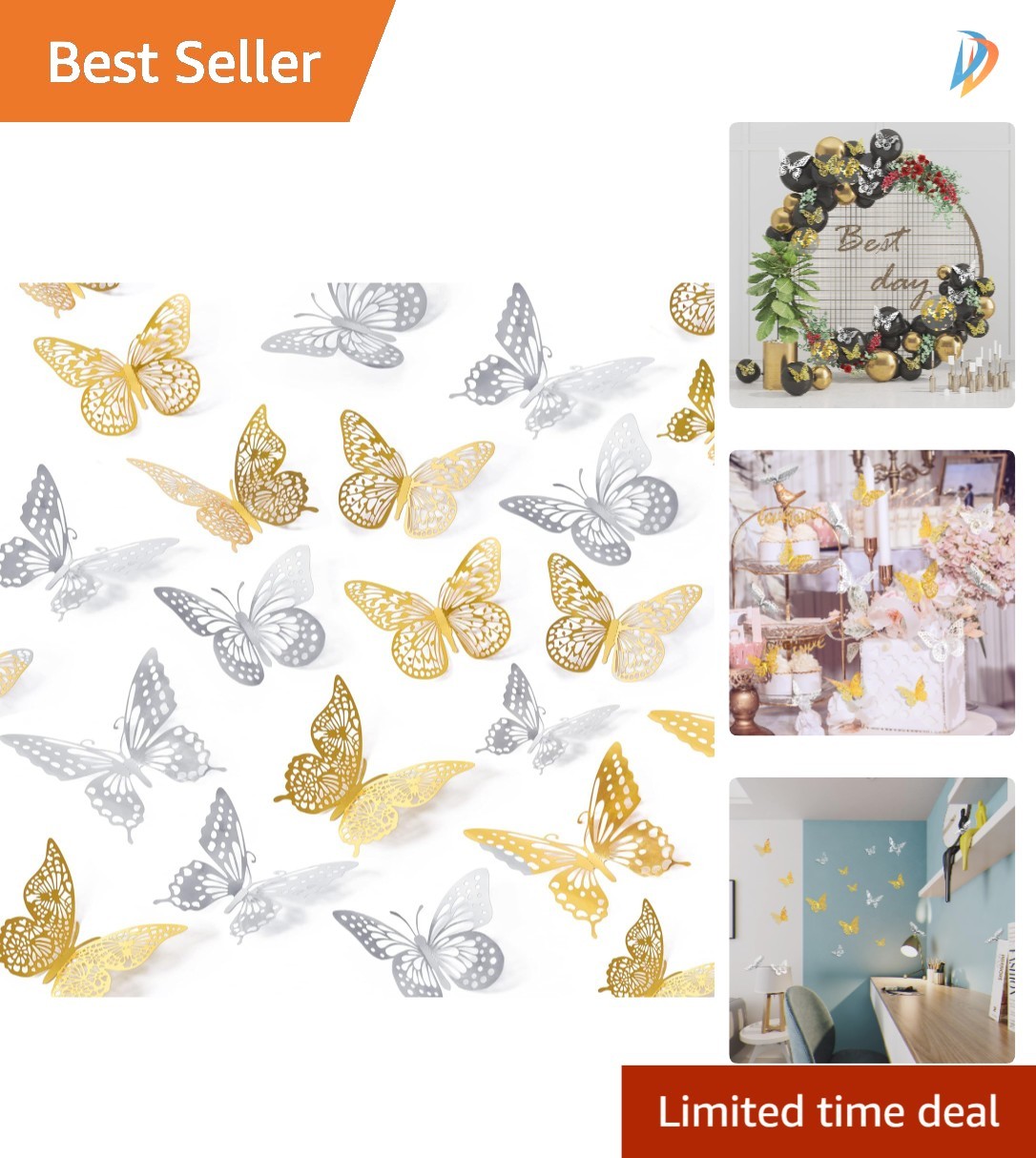 Festive Butterfly Wall Decorations – 48 Pcs in Gold & Silver, Perfect for Events