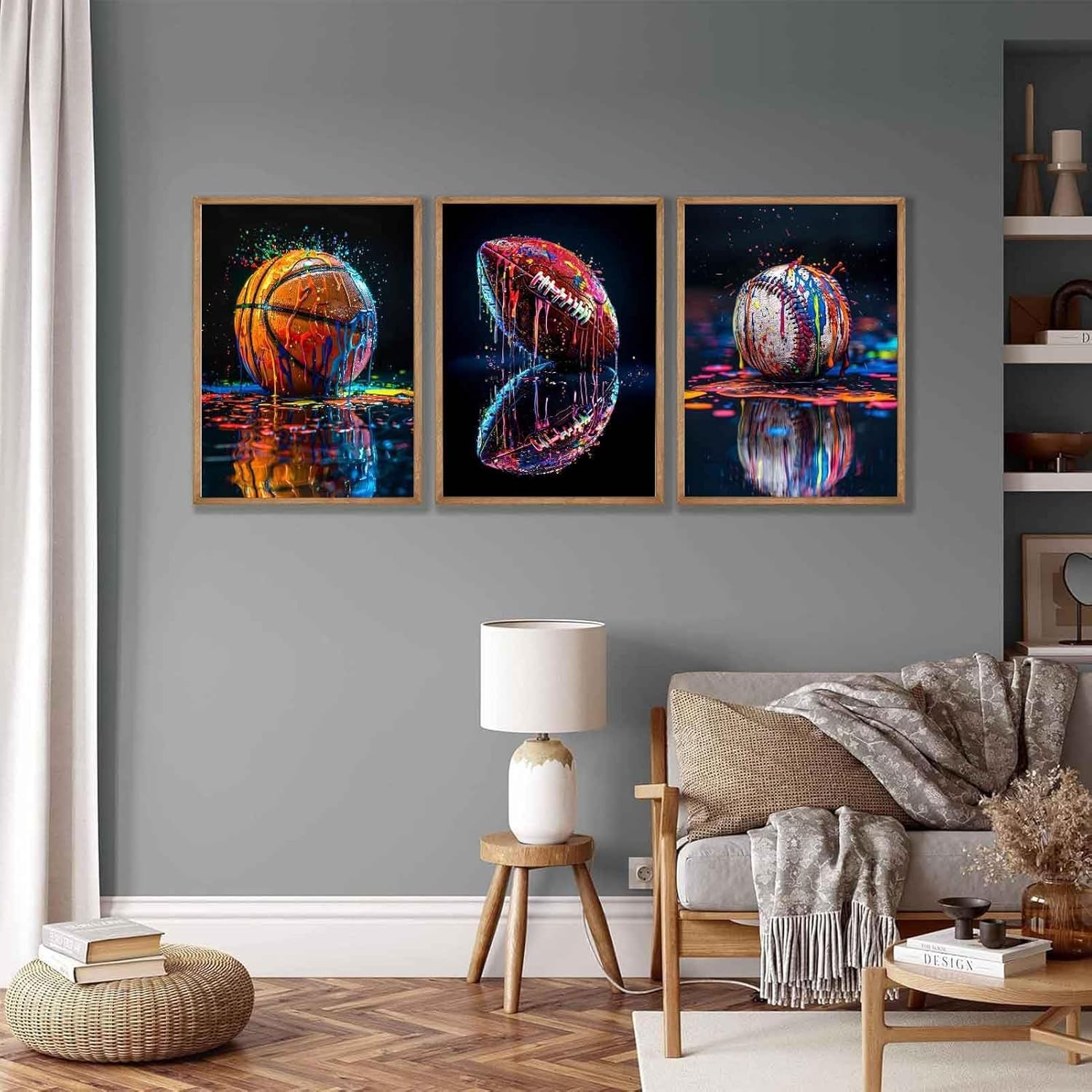 3Pcs Graffiti Sports Canvas Wall Art Boys Room Rustic Football Baseball Rugby…