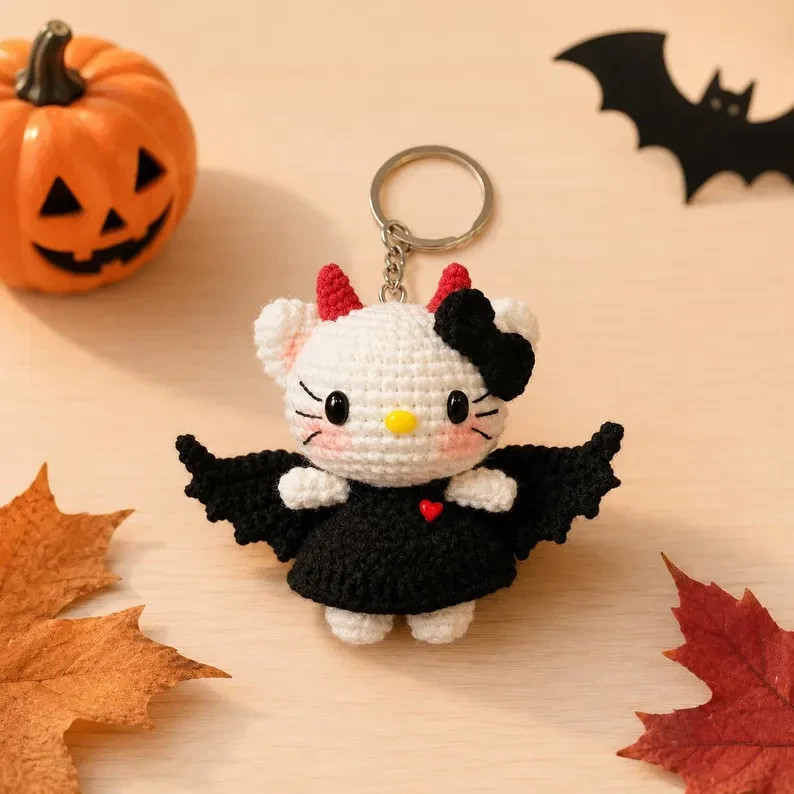 Halloween Crochet Devil Cat Car Charm Handmade Hanging Ornament Gift