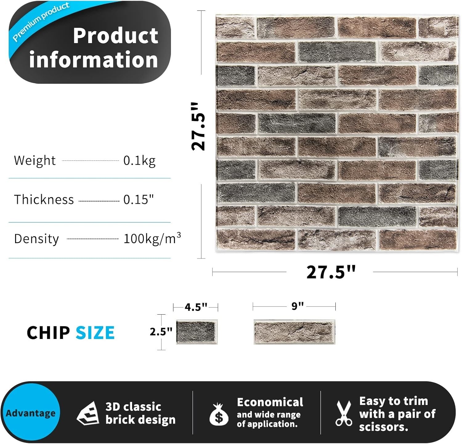 Large 3D Brick Wall Tiles 20pk 105 SqFt Gray Brown Waterproof Self-Adhesive